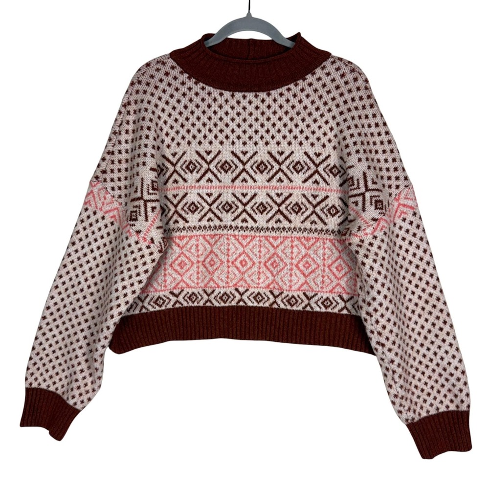 American Eagle Outfitters Sweater Womens XL Brown Fair Isle Mock Neck Pullover